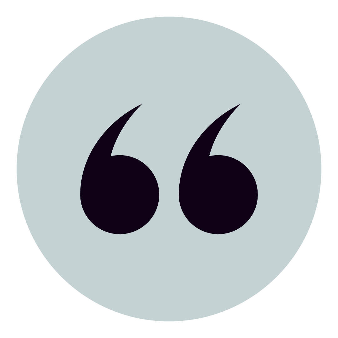 Black quotation marks inside a light blue circle icon.