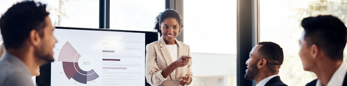 A woman presents a pie chart on a screen to four colleagues in a meeting room.