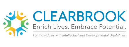 Clearbrook logo with colorful abstract figures and text: "Enrich Lives. Embrace Potential."