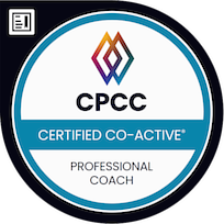 Badge displaying "CPCC Certified Co-Active Professional Coach" with a colorful geometric design above the text.